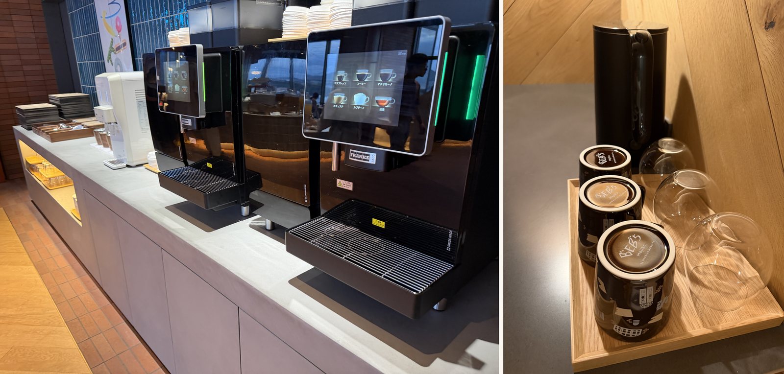 レストランのコーヒーマシンと、客室に置かれたケトルとカップ