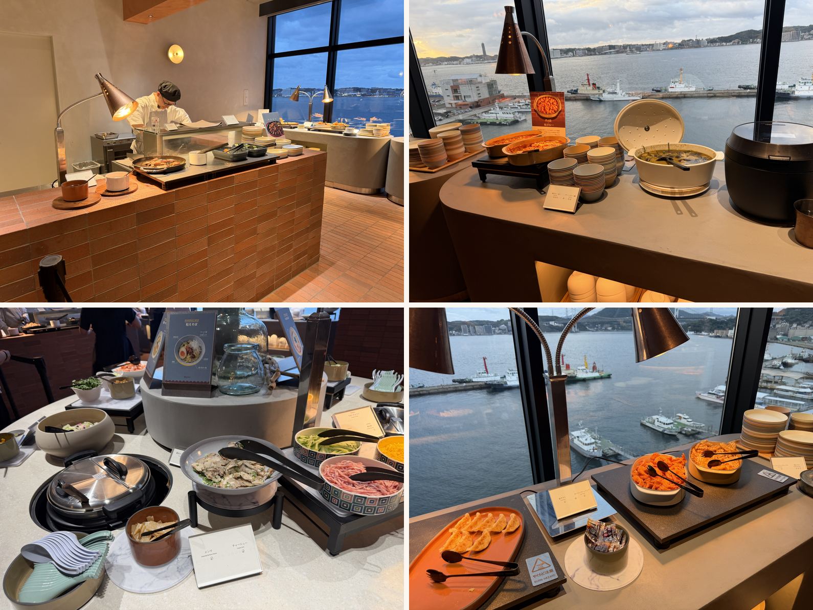 夕食ビュッフェの牛肉の鉄板焼き、焼きカレー、ヌードルバー、ガーリックシュリンプとフィッシュアンドチップス