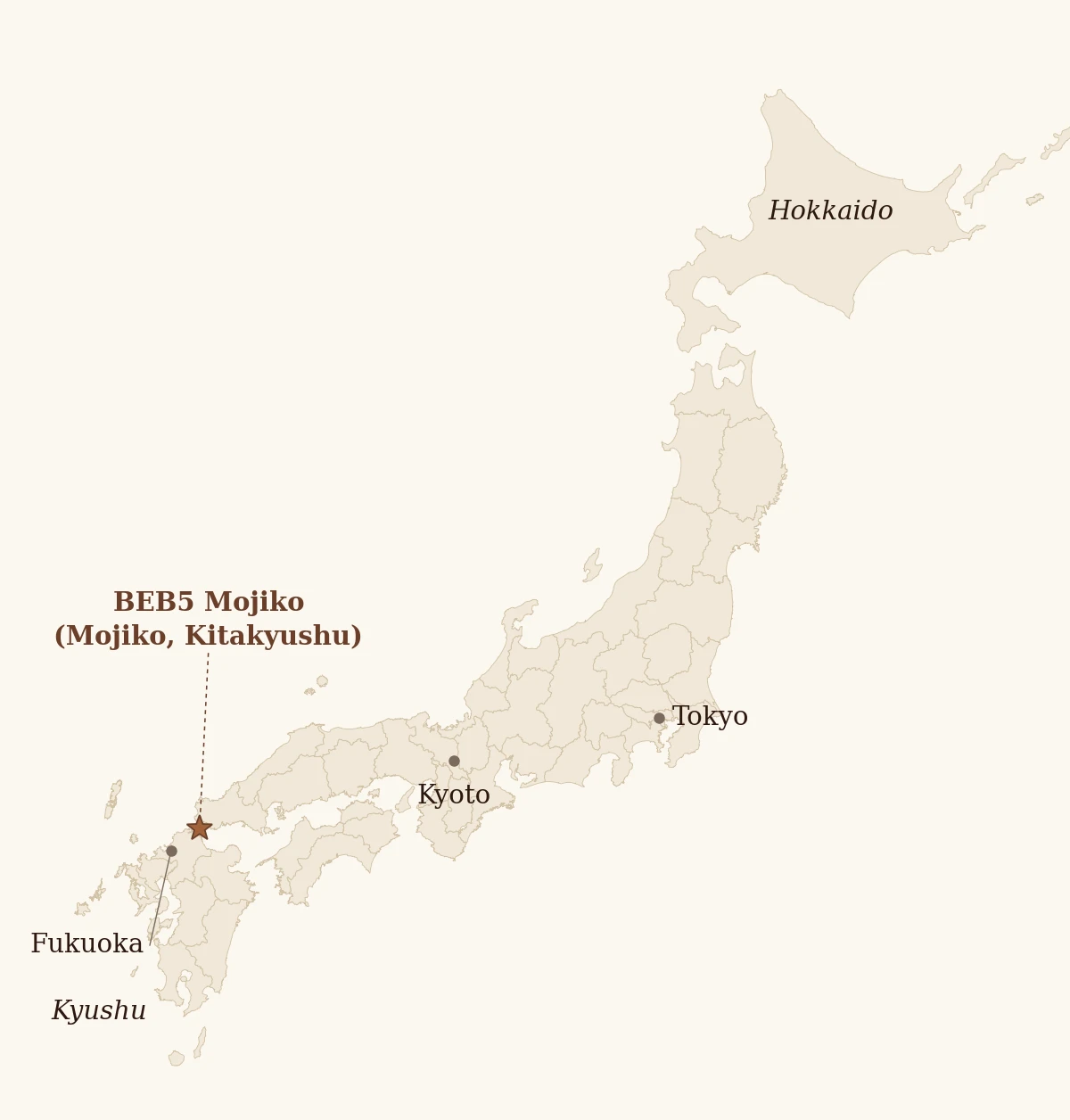 Map of Japan showing BEB5 Mojiko at the northern tip of Kyushu, with Fukuoka, Tokyo, and Kyoto for reference