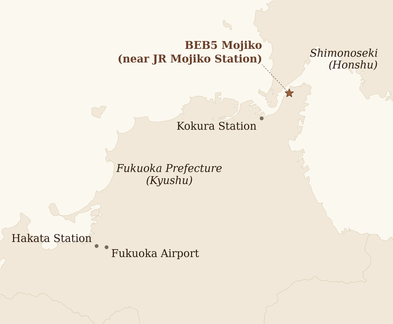Map of northern Kyushu showing Fukuoka Airport, Hakata Station, Kokura Station, and BEB5 Mojiko near JR Mojiko Station, across the strait from Shimonoseki