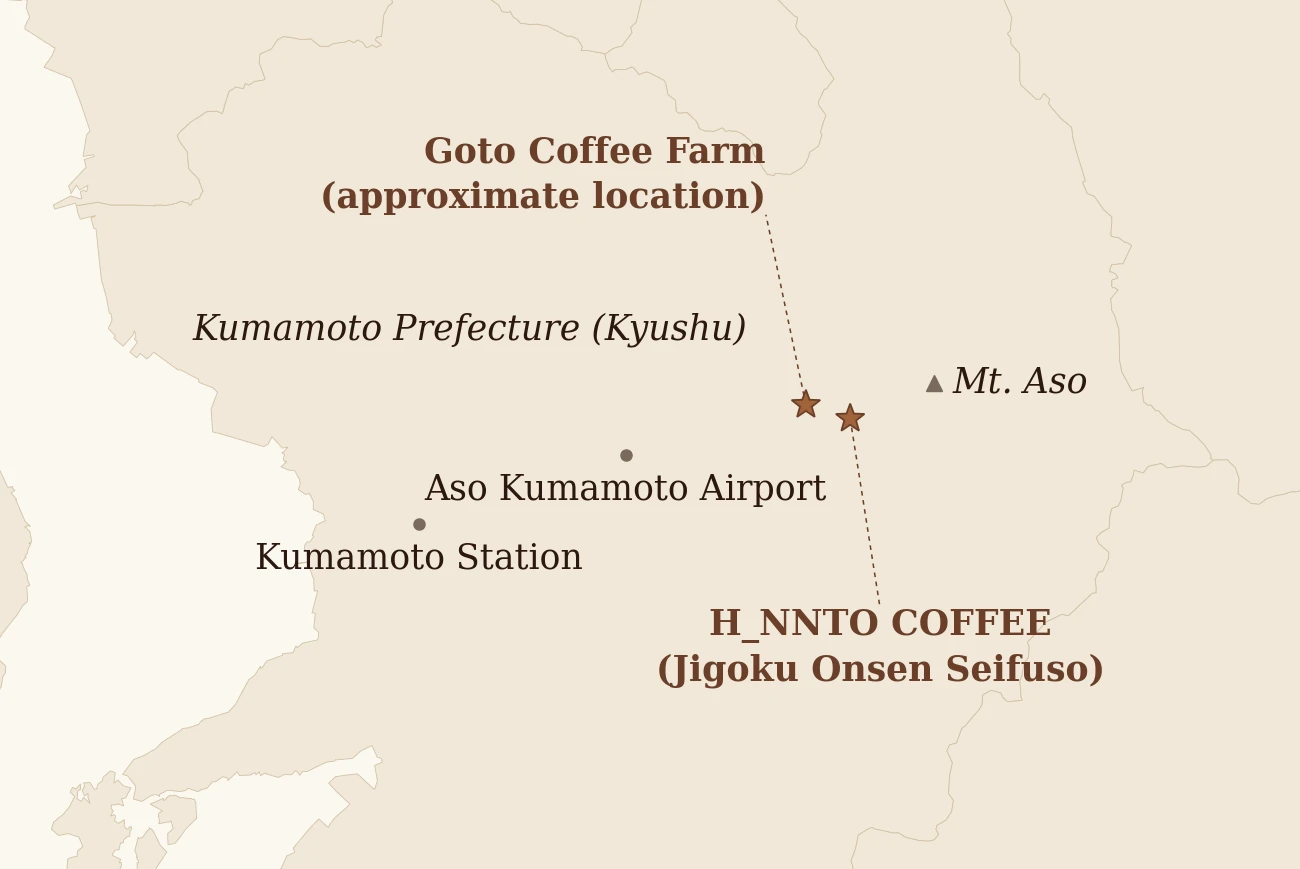 Map of the Kumamoto and Aso area showing Kumamoto Station, Aso Kumamoto Airport, Goto Coffee Farm, H_NNTO COFFEE at Jigoku Onsen Seifuso, and Mt. Aso