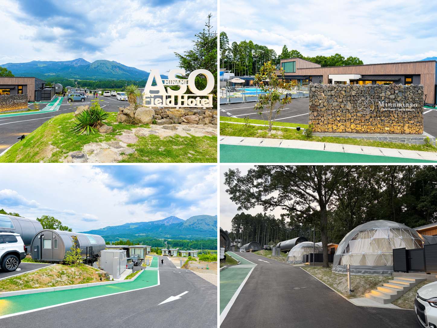 ASO Field Hotelのサインと阿蘇、Minamiasoの石積みサイン、円筒形キャビン、ドーム型テント宿泊棟